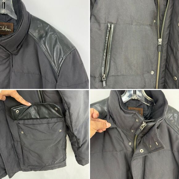 Cole Haan Men’s Down Puffer Jacket Black Leather Trim Size M Winter - Picture 12 of 16